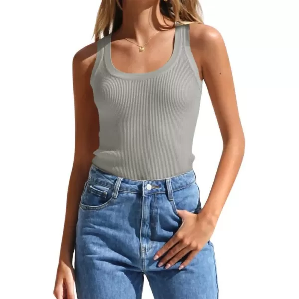 imageZESICA Womens Sleeveless Tank Tops Summer Scoop Neck Ribbed Knit Slim Fitted Casual Basic Tee ShirtsGrey