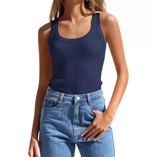 imageZESICA Womens Sleeveless Tank Tops Summer Scoop Neck Ribbed Knit Slim Fitted Casual Basic Tee ShirtsNavy