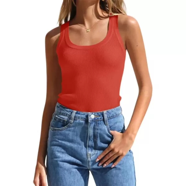 imageZESICA Womens Sleeveless Tank Tops Summer Scoop Neck Ribbed Knit Slim Fitted Casual Basic Tee ShirtsOrangered
