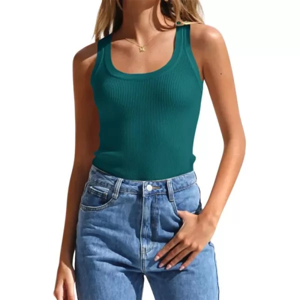 imageZESICA Womens Sleeveless Tank Tops Summer Scoop Neck Ribbed Knit Slim Fitted Casual Basic Tee ShirtsTeal