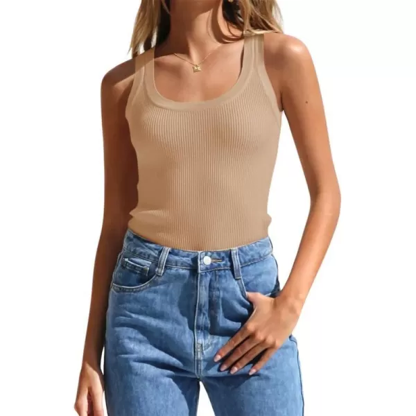 imageZESICA Womens Sleeveless Tank Tops Summer Scoop Neck Ribbed Knit Slim Fitted Casual Basic Tee ShirtsToffee