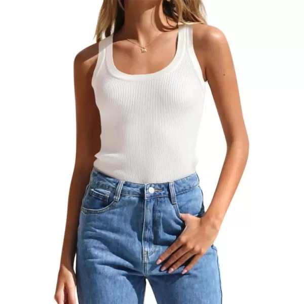 imageZESICA Womens Sleeveless Tank Tops Summer Scoop Neck Ribbed Knit Slim Fitted Casual Basic Tee ShirtsWhite