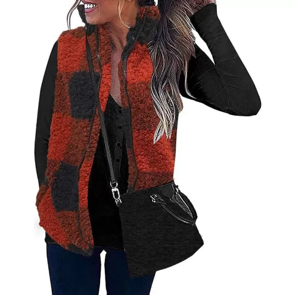 imageZESICA Womens Sleeveless Zip Up Fuzzy Fleece Lightweight Fall Warm Zipper Vest With PocketsRed Plaid