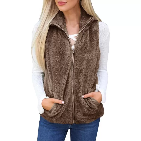 imageZESICA Womens Sleeveless Zip Up Fuzzy Fleece Lightweight Fall Warm Zipper Vest With PocketsSolid Khaki