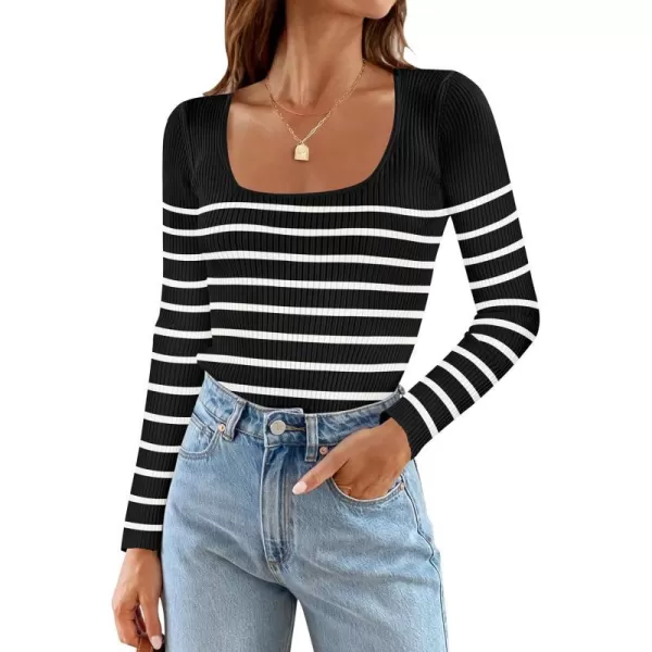 imageZESICA Womens Square Neck Striped Tops Long Sleeve Ribbed T Shirts 2024 Fall Fashion Casual Basic Knit SweatersBlack