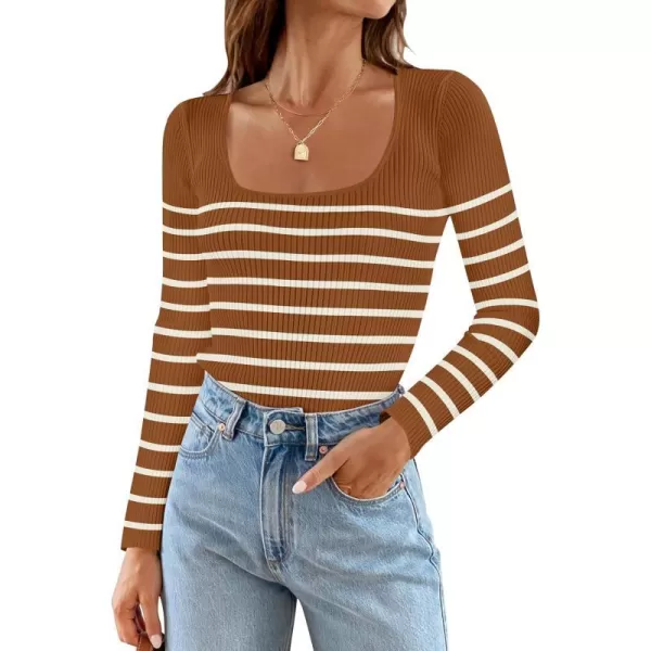imageZESICA Womens Square Neck Striped Tops Long Sleeve Ribbed T Shirts 2024 Fall Fashion Casual Basic Knit SweatersBrown