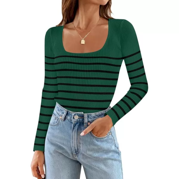imageZESICA Womens Square Neck Striped Tops Long Sleeve Ribbed T Shirts 2024 Fall Fashion Casual Basic Knit SweatersDark Green