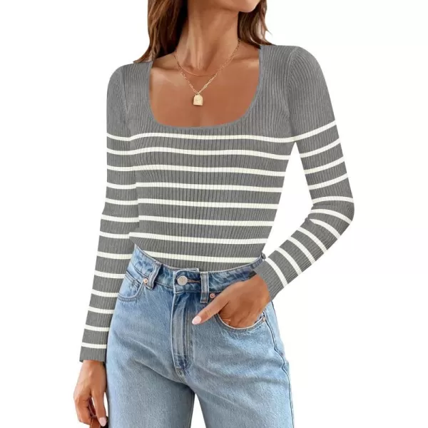 imageZESICA Womens Square Neck Striped Tops Long Sleeve Ribbed T Shirts 2024 Fall Fashion Casual Basic Knit SweatersGrey