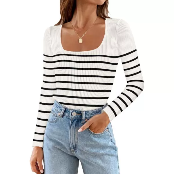 imageZESICA Womens Square Neck Striped Tops Long Sleeve Ribbed T Shirts 2024 Fall Fashion Casual Basic Knit SweatersWhite