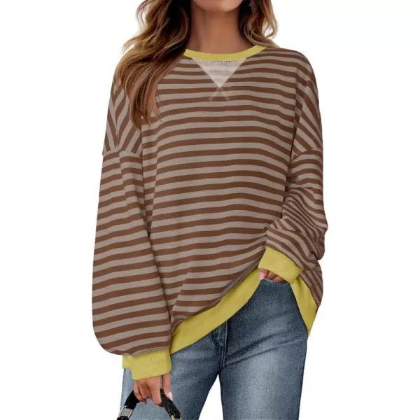 imageZESICA Womens Striped Oversized Sweatshirt Long Sleeve Crew Neck Pullover Tops Loose Casual Shirt 2024 Trendy ClothesBrown