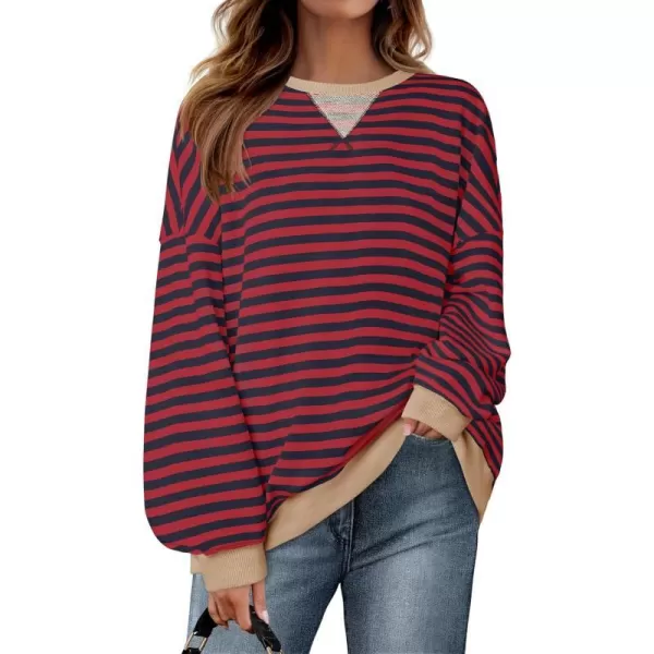 imageZESICA Womens Striped Oversized Sweatshirt Long Sleeve Crew Neck Pullover Tops Loose Casual Shirt 2024 Trendy ClothesBurgundy