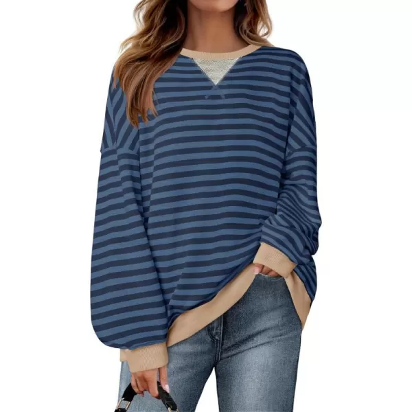 imageZESICA Womens Striped Oversized Sweatshirt Long Sleeve Crew Neck Pullover Tops Loose Casual Shirt 2024 Trendy ClothesDark Blue