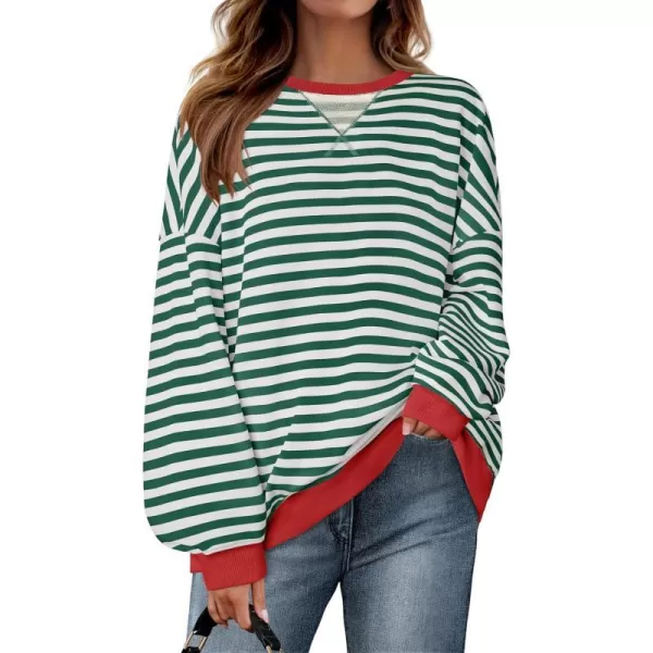 imageZESICA Womens Striped Oversized Sweatshirt Long Sleeve Crew Neck Pullover Tops Loose Casual Shirt 2024 Trendy ClothesGreen
