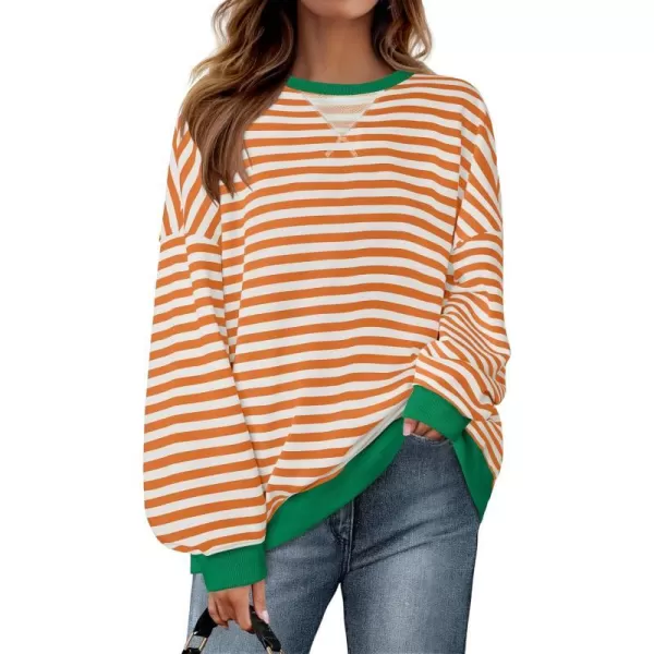 imageZESICA Womens Striped Oversized Sweatshirt Long Sleeve Crew Neck Pullover Tops Loose Casual Shirt 2024 Trendy ClothesOrange