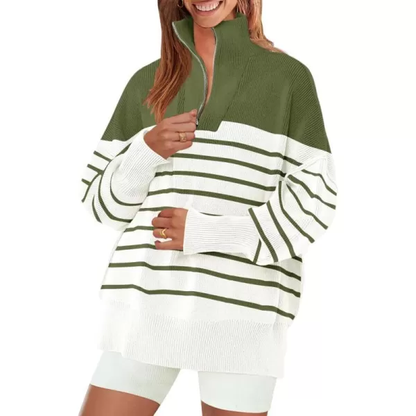 imageZESICA Womens Striped Sweaters Half Zipper Long Sleeve Ribbed Knit Loose Oversized Fall Pullover Sweater TopsArmygreen