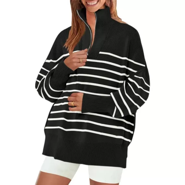 imageZESICA Womens Striped Sweaters Half Zipper Long Sleeve Ribbed Knit Loose Oversized Fall Pullover Sweater TopsBlack