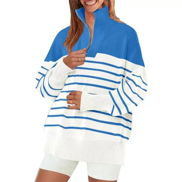imageZESICA Womens Striped Sweaters Half Zipper Long Sleeve Ribbed Knit Loose Oversized Fall Pullover Sweater TopsBlue