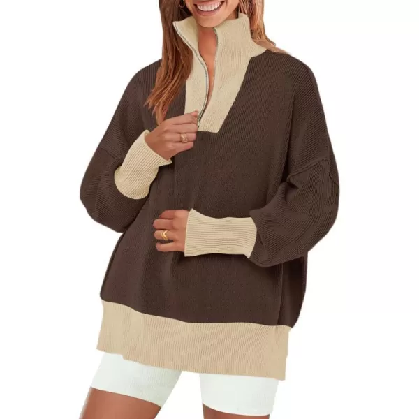 imageZESICA Womens Striped Sweaters Half Zipper Long Sleeve Ribbed Knit Loose Oversized Fall Pullover Sweater TopsCoffee