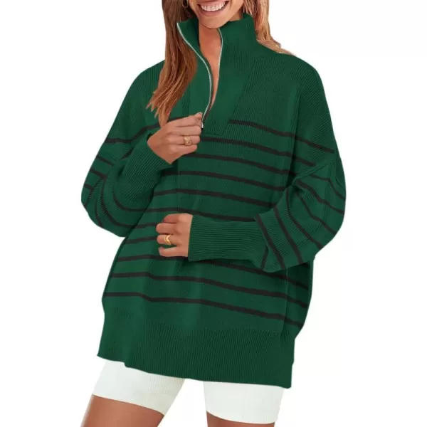 imageZESICA Womens Striped Sweaters Half Zipper Long Sleeve Ribbed Knit Loose Oversized Fall Pullover Sweater TopsDarkgreen