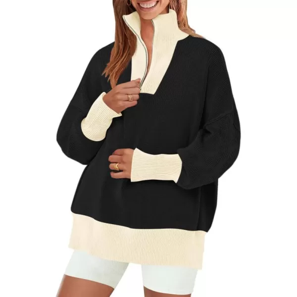 imageZESICA Womens Striped Sweaters Half Zipper Long Sleeve Ribbed Knit Loose Oversized Fall Pullover Sweater TopsDim