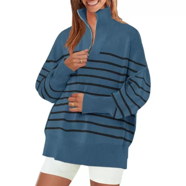 imageZESICA Womens Striped Sweaters Half Zipper Long Sleeve Ribbed Knit Loose Oversized Fall Pullover Sweater TopsDustyblue