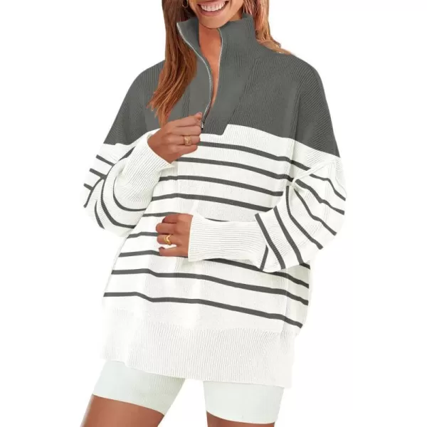 imageZESICA Womens Striped Sweaters Half Zipper Long Sleeve Ribbed Knit Loose Oversized Fall Pullover Sweater TopsGrey