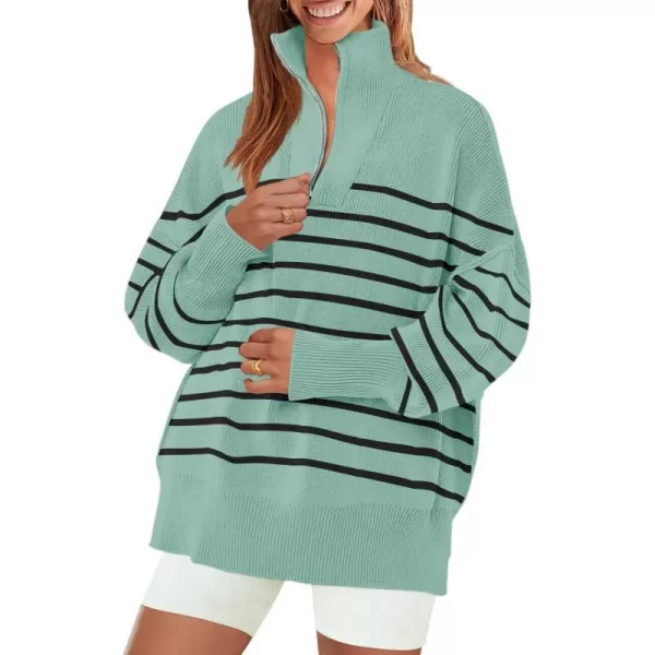 imageZESICA Womens Striped Sweaters Half Zipper Long Sleeve Ribbed Knit Loose Oversized Fall Pullover Sweater TopsLake