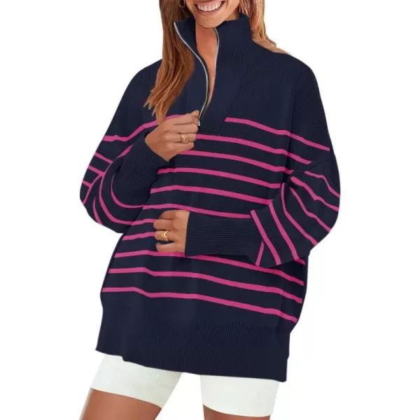 imageZESICA Womens Striped Sweaters Half Zipper Long Sleeve Ribbed Knit Loose Oversized Fall Pullover Sweater TopsNavyrose