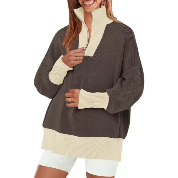 imageZESICA Womens Striped Sweaters Half Zipper Long Sleeve Ribbed Knit Loose Oversized Fall Pullover Sweater TopsNutmeg