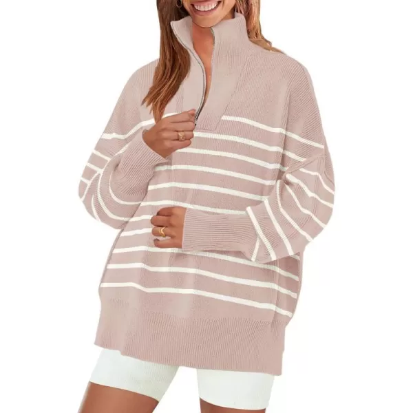 imageZESICA Womens Striped Sweaters Half Zipper Long Sleeve Ribbed Knit Loose Oversized Fall Pullover Sweater TopsPink