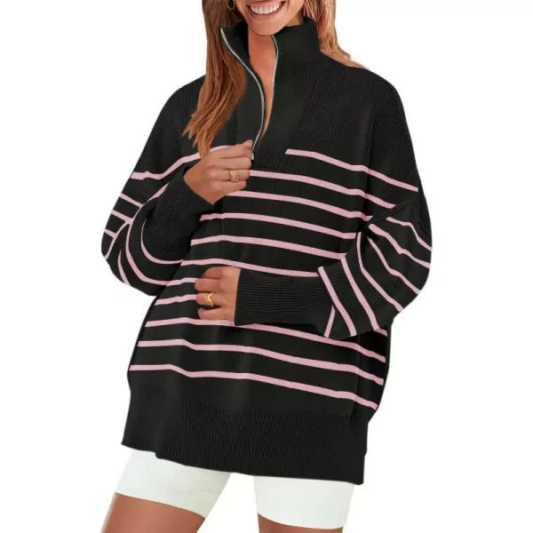 imageZESICA Womens Striped Sweaters Half Zipper Long Sleeve Ribbed Knit Loose Oversized Fall Pullover Sweater TopsPinkblack
