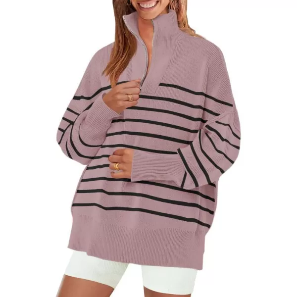 imageZESICA Womens Striped Sweaters Half Zipper Long Sleeve Ribbed Knit Loose Oversized Fall Pullover Sweater TopsPurple
