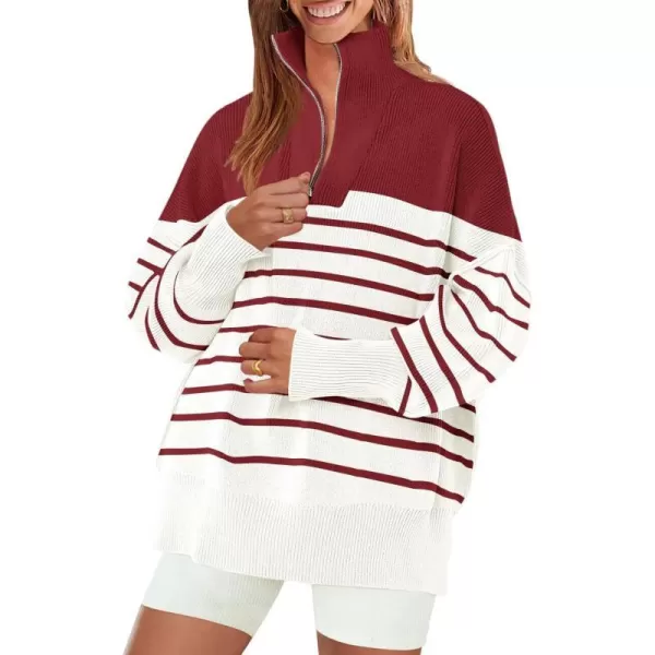 imageZESICA Womens Striped Sweaters Half Zipper Long Sleeve Ribbed Knit Loose Oversized Fall Pullover Sweater TopsRed