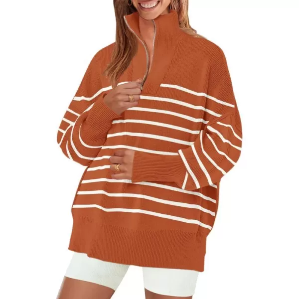 imageZESICA Womens Striped Sweaters Half Zipper Long Sleeve Ribbed Knit Loose Oversized Fall Pullover Sweater TopsRust