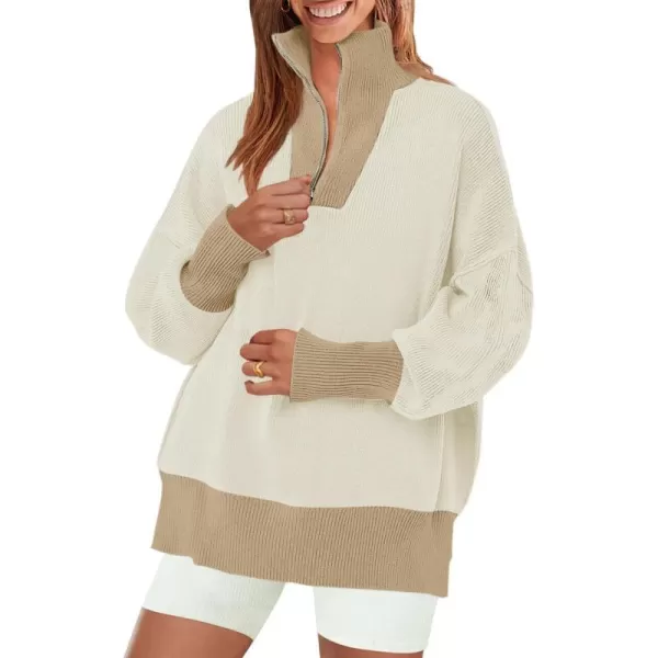 imageZESICA Womens Striped Sweaters Half Zipper Long Sleeve Ribbed Knit Loose Oversized Fall Pullover Sweater TopsSand
