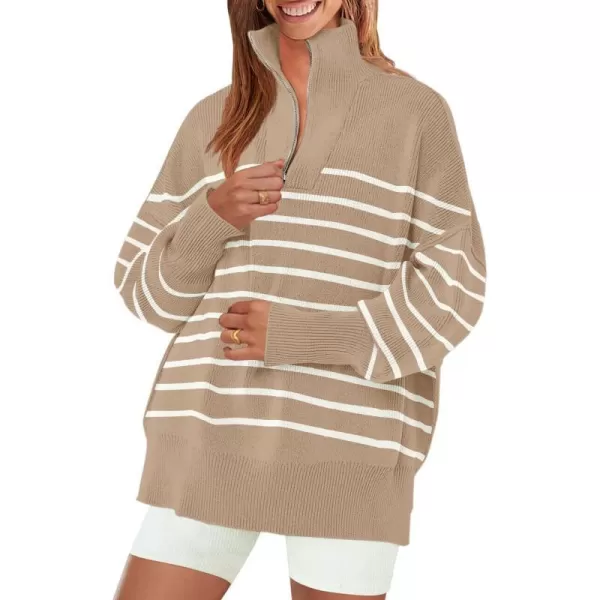 imageZESICA Womens Striped Sweaters Half Zipper Long Sleeve Ribbed Knit Loose Oversized Fall Pullover Sweater TopsToffee
