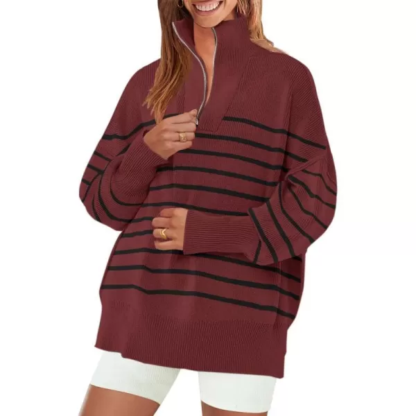 imageZESICA Womens Striped Sweaters Half Zipper Long Sleeve Ribbed Knit Loose Oversized Fall Pullover Sweater TopsWine