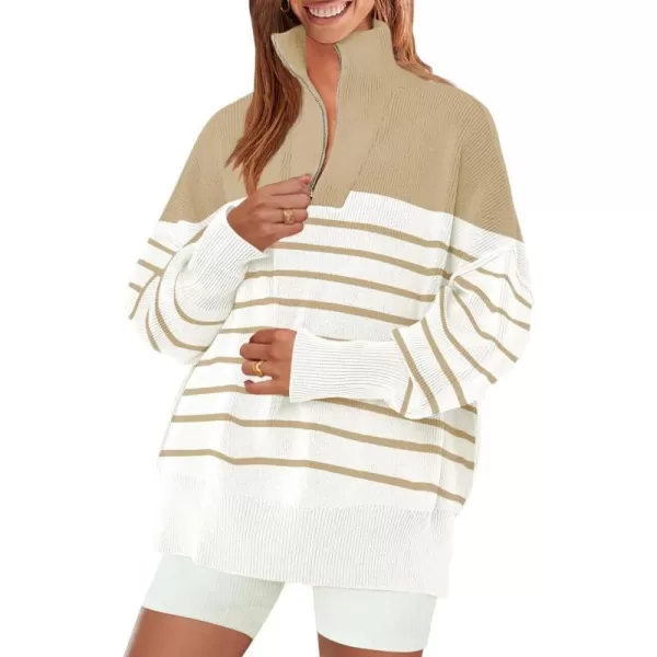 imageZESICA Womens Striped Sweaters Half Zipper Long Sleeve Ribbed Knit Loose Oversized Pullover Sweater TopsLightkhaki
