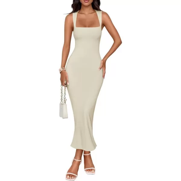 imageZESICA Womens Summer Bodycon Midi Dress 2024 Sleeveless Square Neck Slim Fit Back Slit Sundress Long Tank DressesApricot