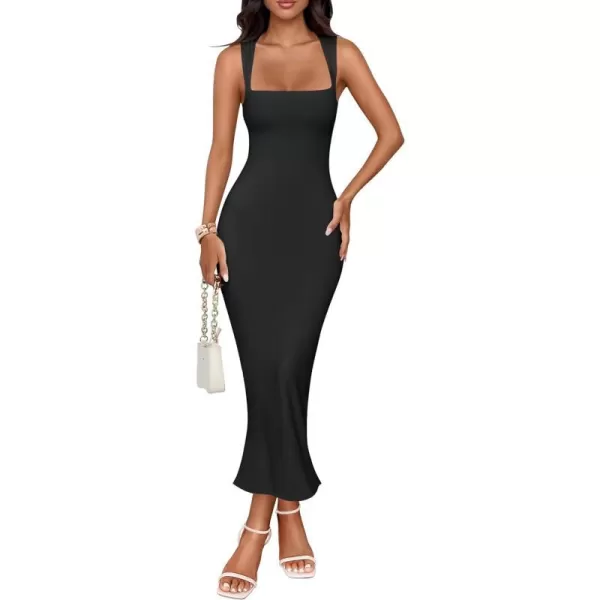 imageZESICA Womens Summer Bodycon Midi Dress 2024 Sleeveless Square Neck Slim Fit Back Slit Sundress Long Tank DressesBlack
