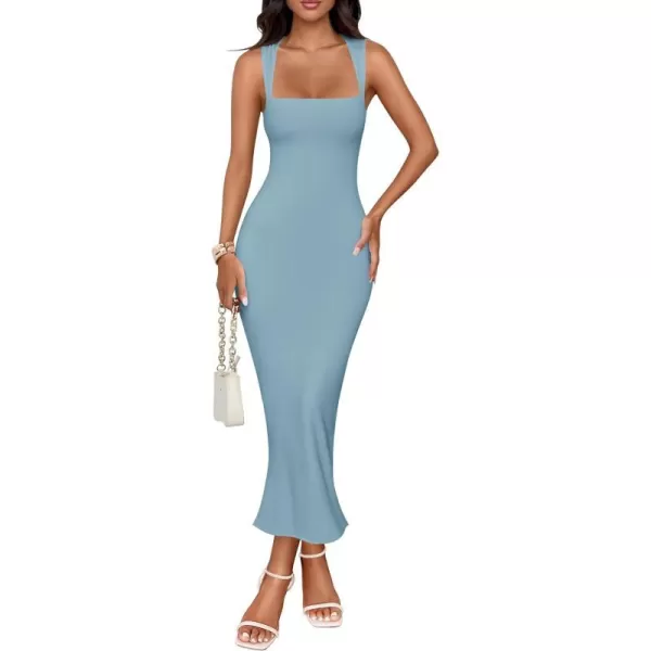 imageZESICA Womens Summer Bodycon Midi Dress 2024 Sleeveless Square Neck Slim Fit Back Slit Sundress Long Tank DressesBlue