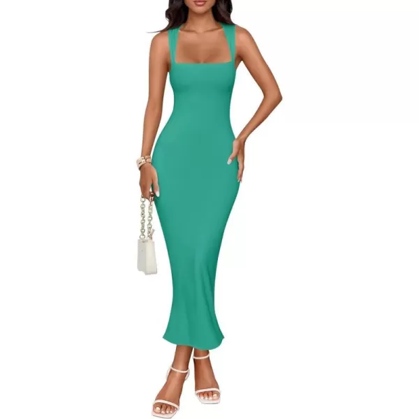 imageZESICA Womens Summer Bodycon Midi Dress 2024 Sleeveless Square Neck Slim Fit Back Slit Sundress Long Tank DressesGreen