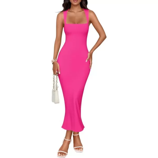 imageZESICA Womens Summer Bodycon Midi Dress 2024 Sleeveless Square Neck Slim Fit Back Slit Sundress Long Tank DressesRose