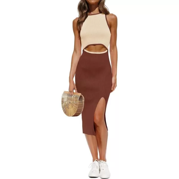 imageZESICA Womens Summer Bodycon Sweater Dress Sleeveless Crew Neck Cut Out Contrast Color Side Slit Pencil DressesBrown