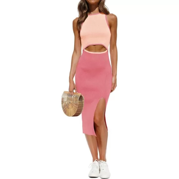 imageZESICA Womens Summer Bodycon Sweater Dress Sleeveless Crew Neck Cut Out Contrast Color Side Slit Pencil DressesDustypink