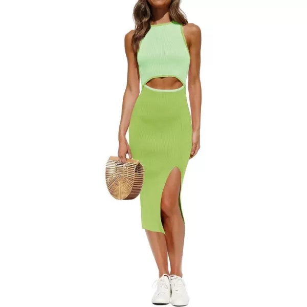 imageZESICA Womens Summer Bodycon Sweater Dress Sleeveless Crew Neck Cut Out Contrast Color Side Slit Pencil DressesLightgreen