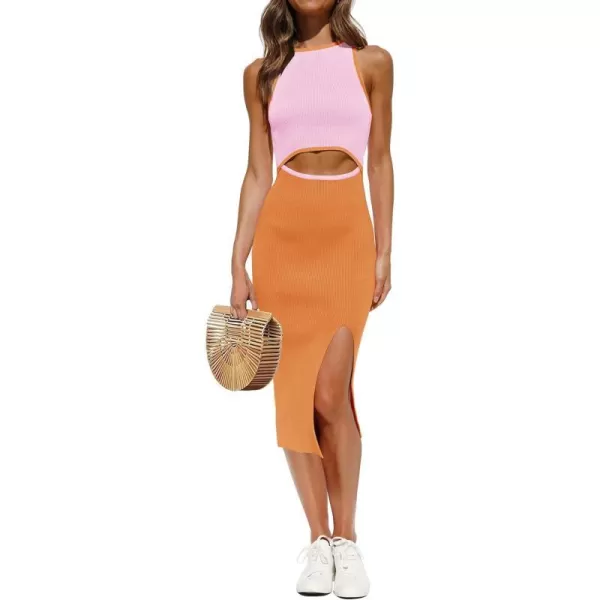 imageZESICA Womens Summer Bodycon Sweater Dress Sleeveless Crew Neck Cut Out Contrast Color Side Slit Pencil DressesOrange