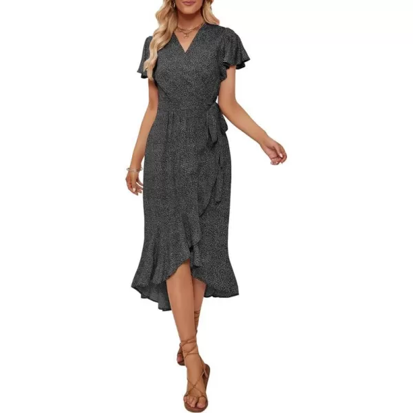 imageZESICA Womens Summer Bohemian Floral Printed Wrap V Neck Beach Party Flowy Ruffle Midi DressCharcoal