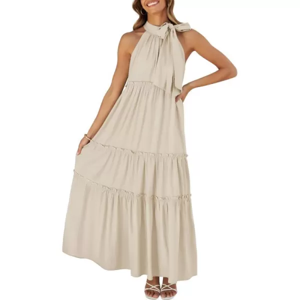 imageZESICA Womens Summer Boho Halter Maxi Dresses 2024 Casual Sleeveless Pleated Tiered Flowy Beach Vacation Long DressApricot