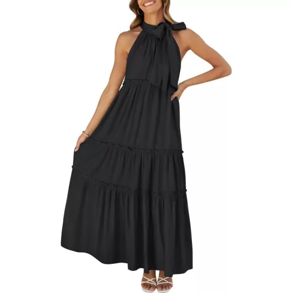imageZESICA Womens Summer Boho Halter Maxi Dresses 2024 Casual Sleeveless Pleated Tiered Flowy Beach Vacation Long DressBlack